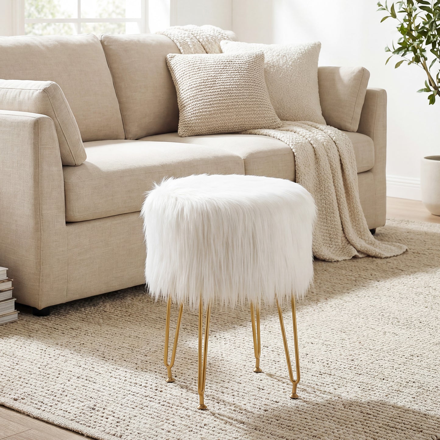 Faux Fur Vanity Stool, Metal Legs, White Ottomans at Gallery Canada
