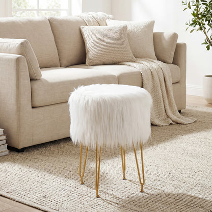 Faux Fur Vanity Stool, Metal Legs, White Ottomans at Gallery Canada