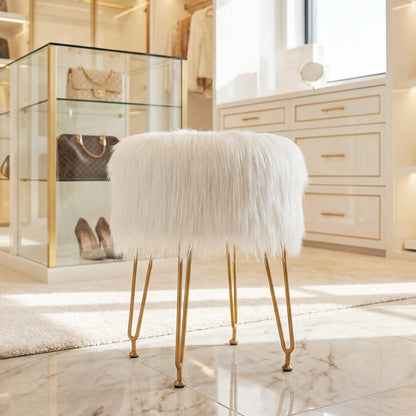 Faux Fur Vanity Stool, Metal Legs, White Ottomans at Gallery Canada