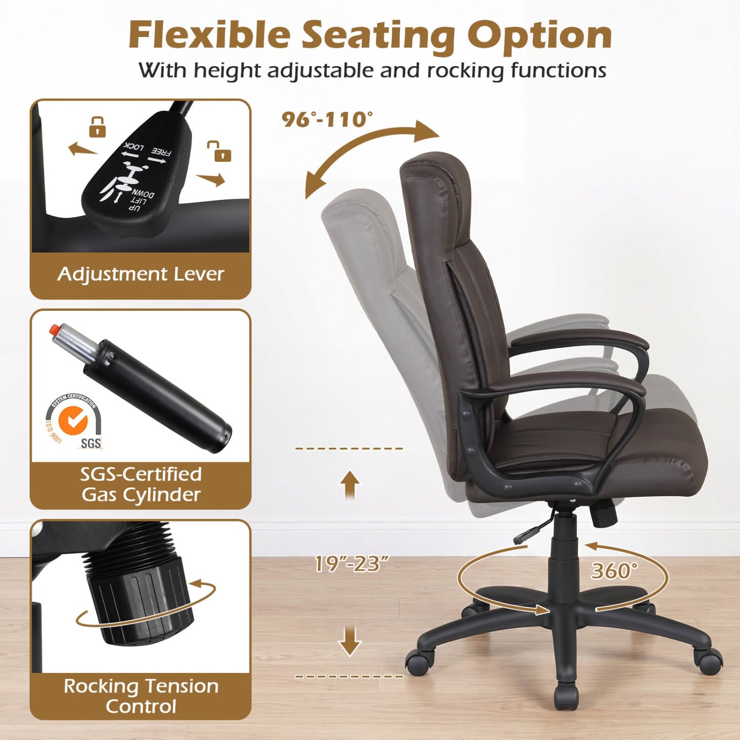 Faux Leather Office Chair with Rocking Function, Brown