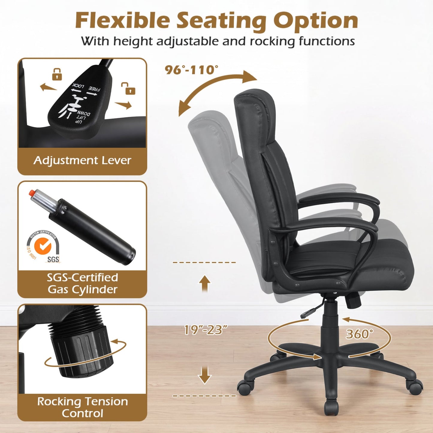 Faux Leather Office Chair with Rocking Function, Black