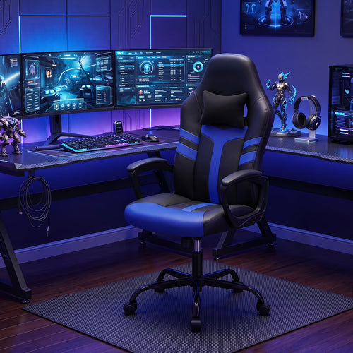 Faux Leather Office Chair with Head Pillow, Rocking Function, Blue