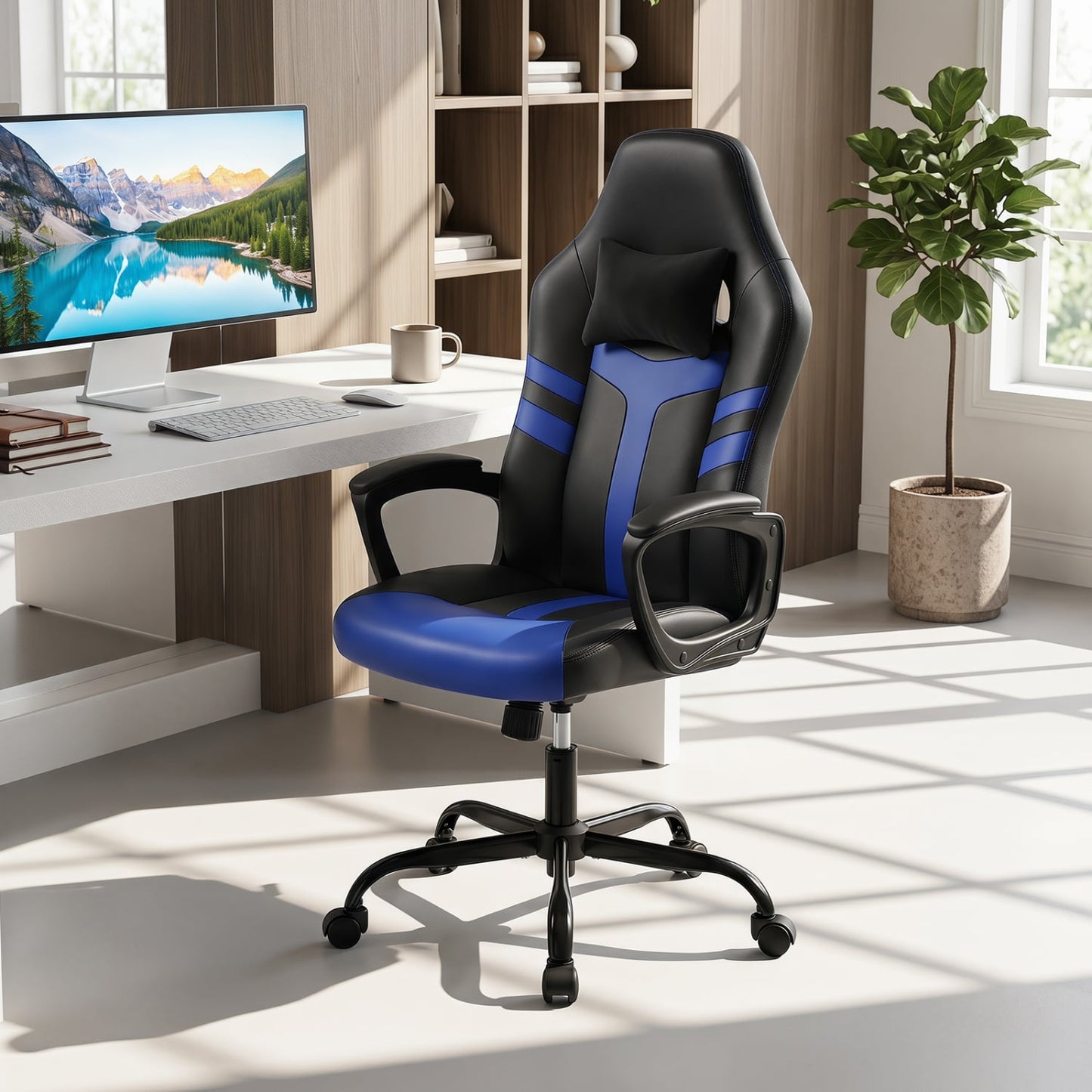 Faux Leather Office Chair with Head Pillow, Rocking Function, Blue