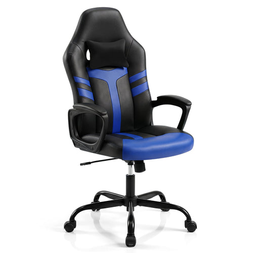 Faux Leather Office Chair with Head Pillow, Rocking Function, Blue