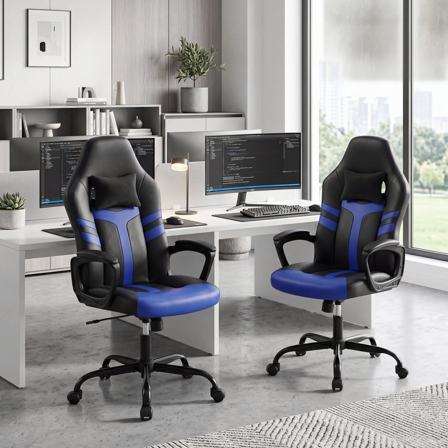 Faux Leather Office Chair with Head Pillow, Rocking Function, Blue
