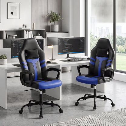 Faux Leather Office Chair with Head Pillow, Rocking Function, Blue