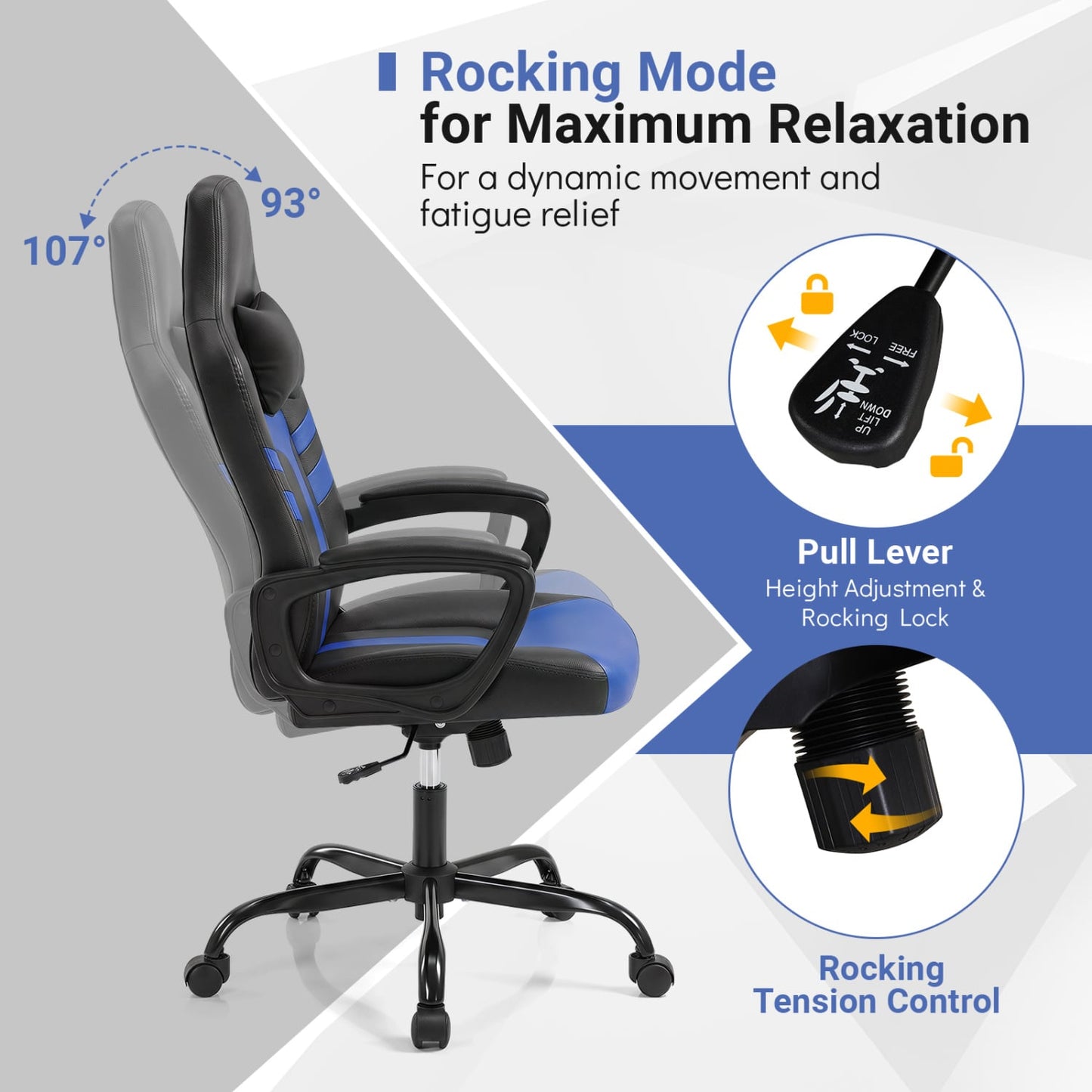 Faux Leather Office Chair with Head Pillow, Rocking Function, Blue