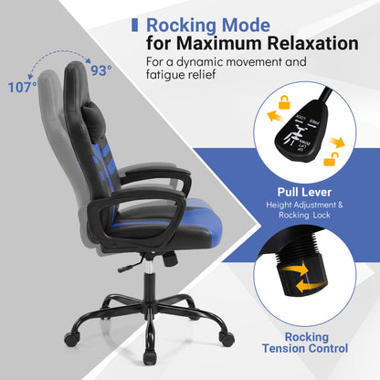 Faux Leather Office Chair with Head Pillow, Rocking Function, Blue