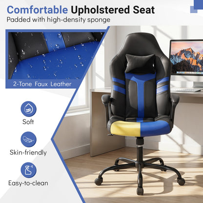 Faux Leather Office Chair with Head Pillow, Rocking Function, Blue