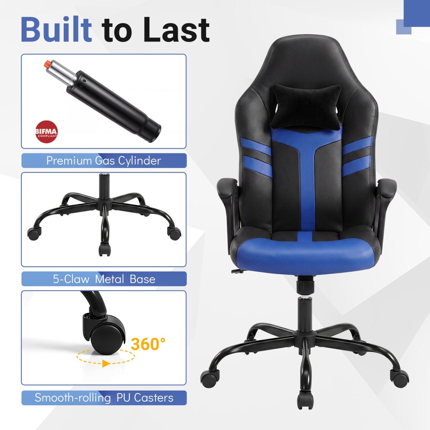 Faux Leather Office Chair with Head Pillow, Rocking Function, Blue
