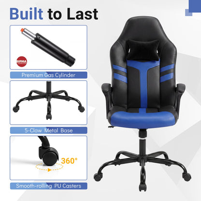Faux Leather Office Chair with Head Pillow, Rocking Function, Blue