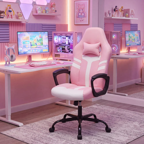 Faux Leather Office Chair With Head Pillow & Rocking, Pink