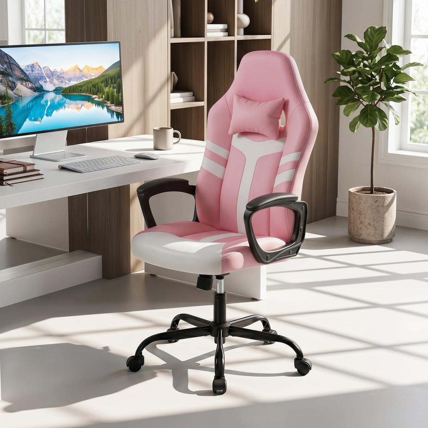Faux Leather Office Chair With Head Pillow & Rocking, Pink