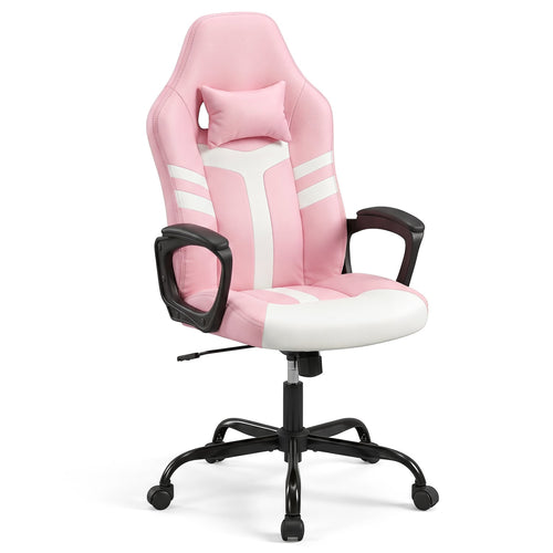 Faux Leather Office Chair With Head Pillow & Rocking, Pink