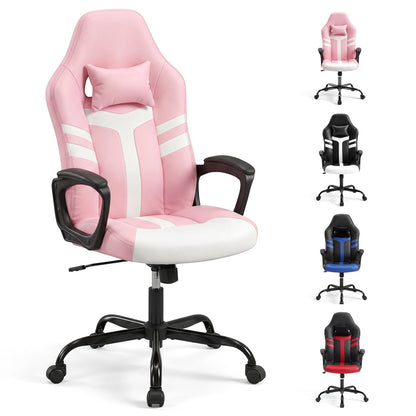 Faux Leather Office Chair With Head Pillow & Rocking, Pink