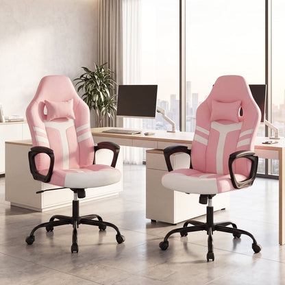 Faux Leather Office Chair With Head Pillow & Rocking, Pink