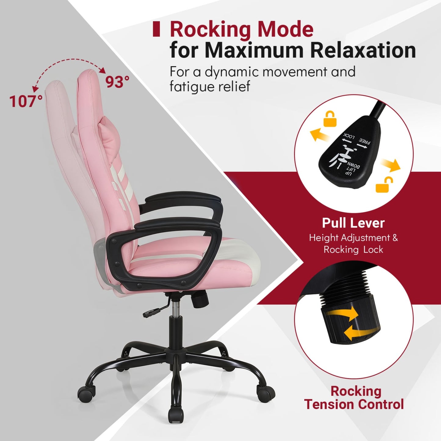 Faux Leather Office Chair With Head Pillow & Rocking, Pink