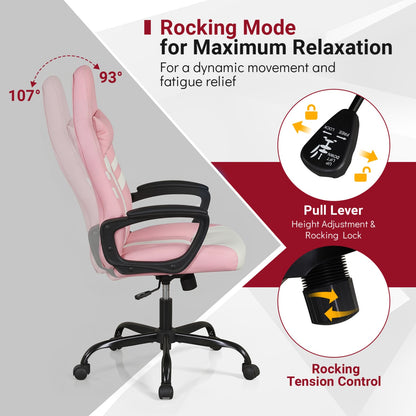 Faux Leather Office Chair With Head Pillow & Rocking, Pink