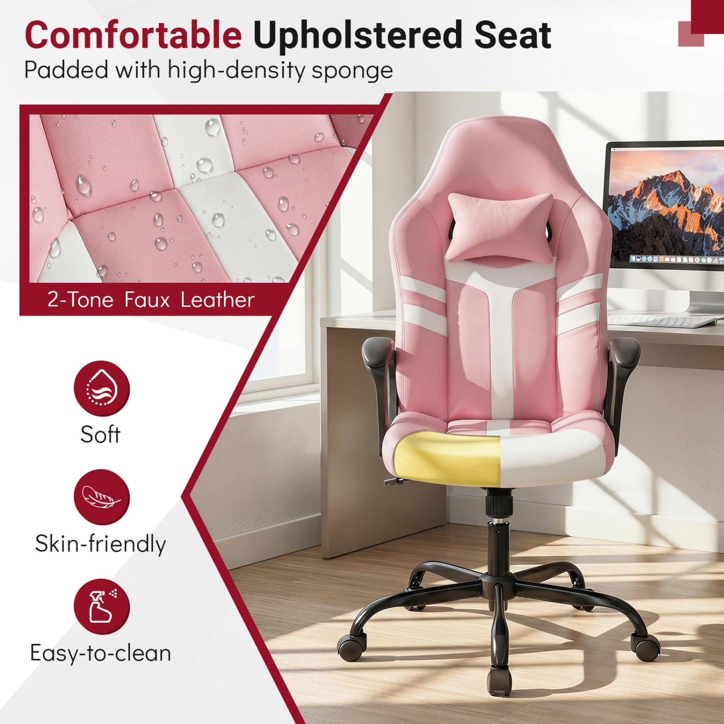Faux Leather Office Chair With Head Pillow & Rocking, Pink