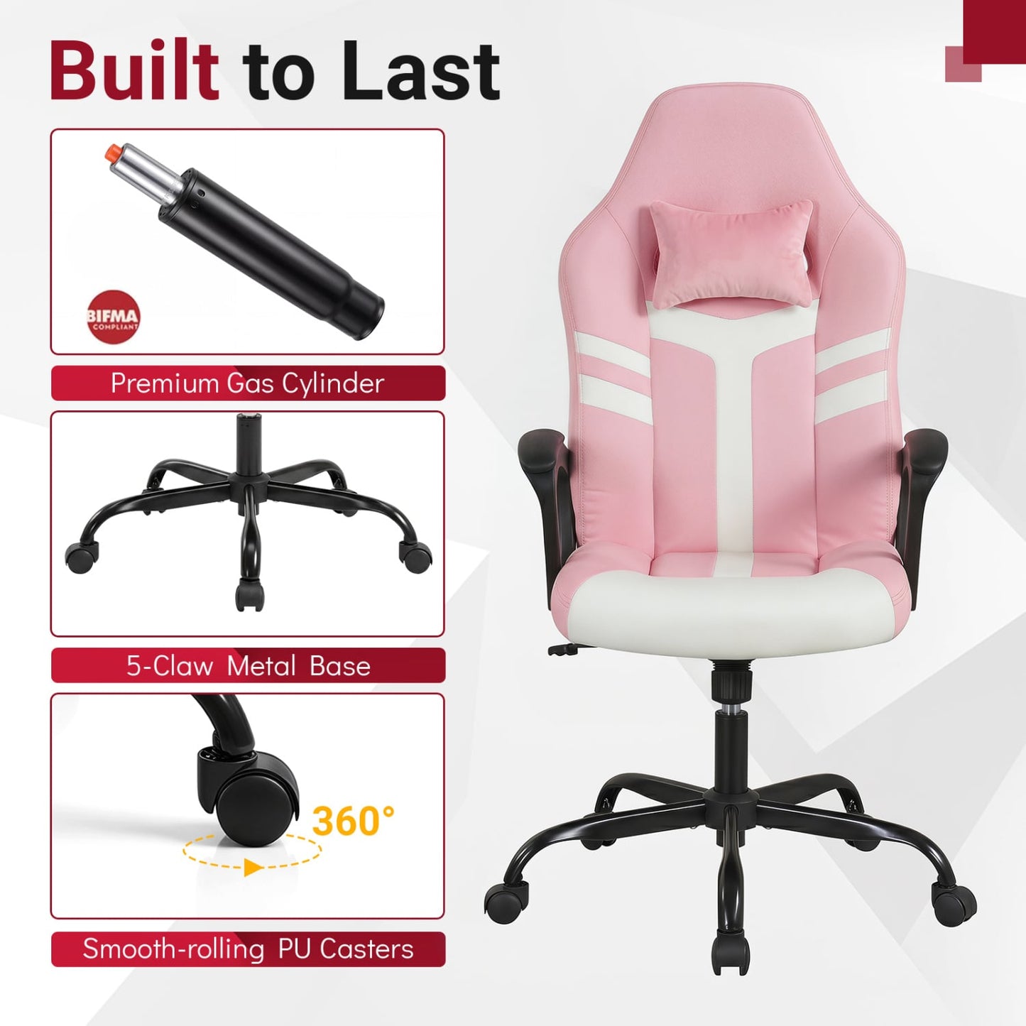 Faux Leather Office Chair With Head Pillow & Rocking, Pink