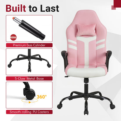 Faux Leather Office Chair With Head Pillow & Rocking, Pink