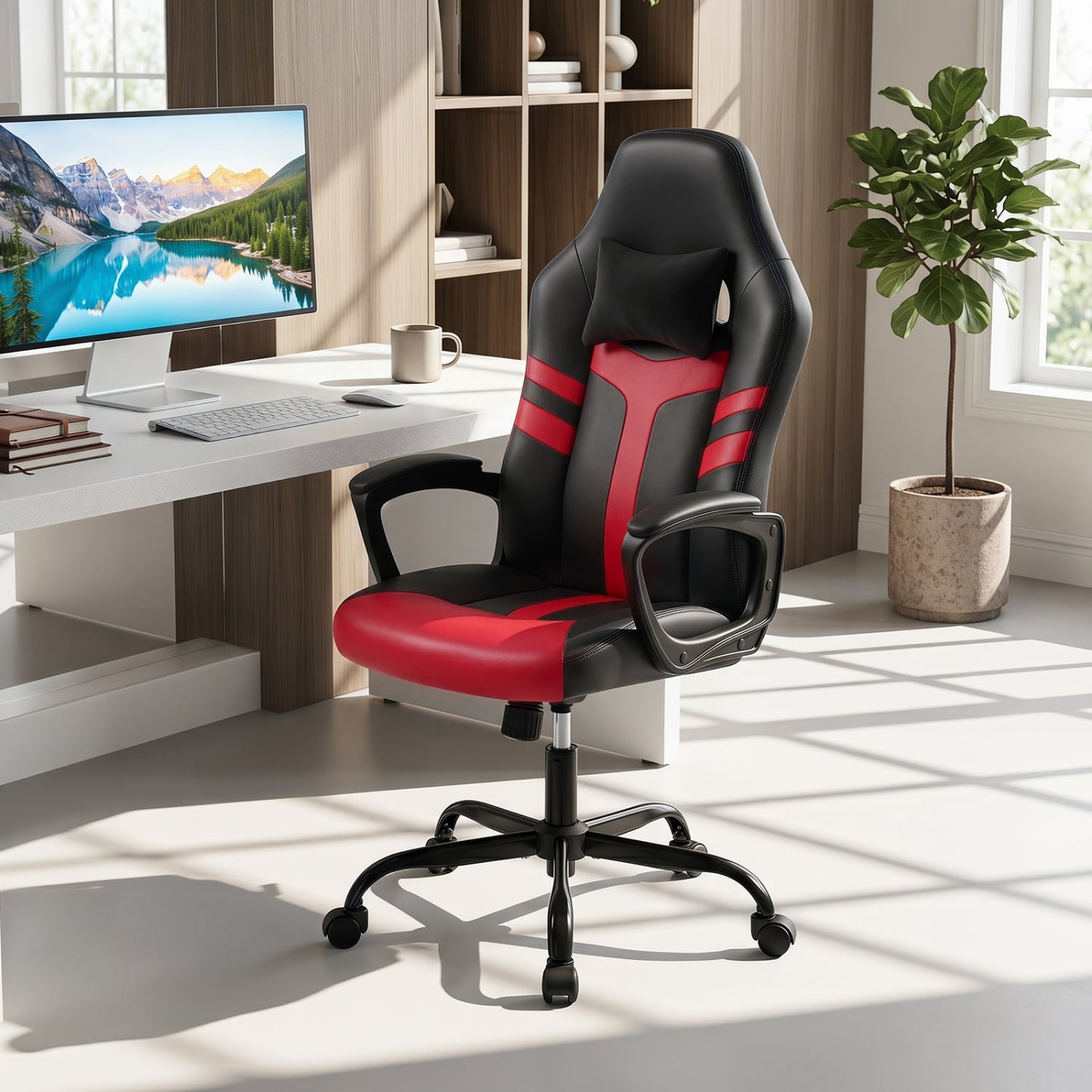 Faux Leather Office Chair, With Head Pillow, Rocking, Red