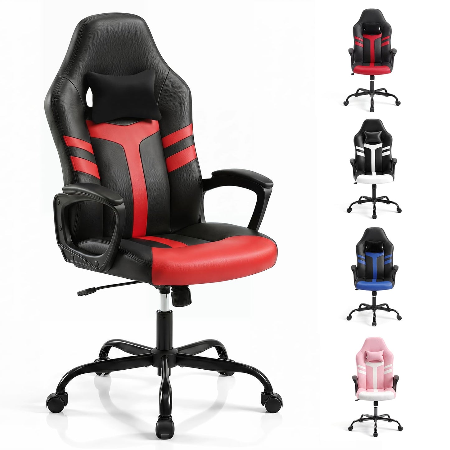 Faux Leather Office Chair, With Head Pillow, Rocking, Red