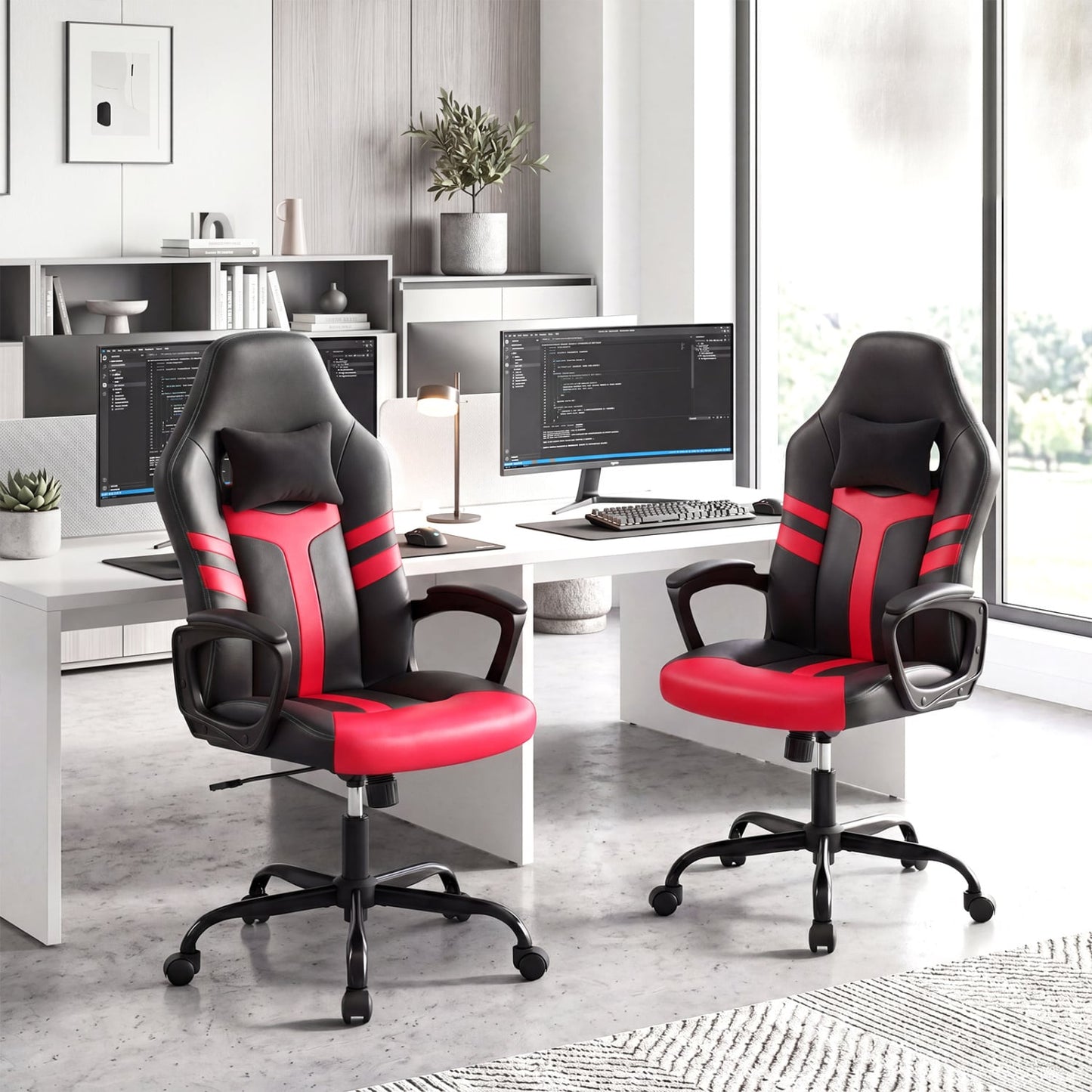 Faux Leather Office Chair, With Head Pillow, Rocking, Red
