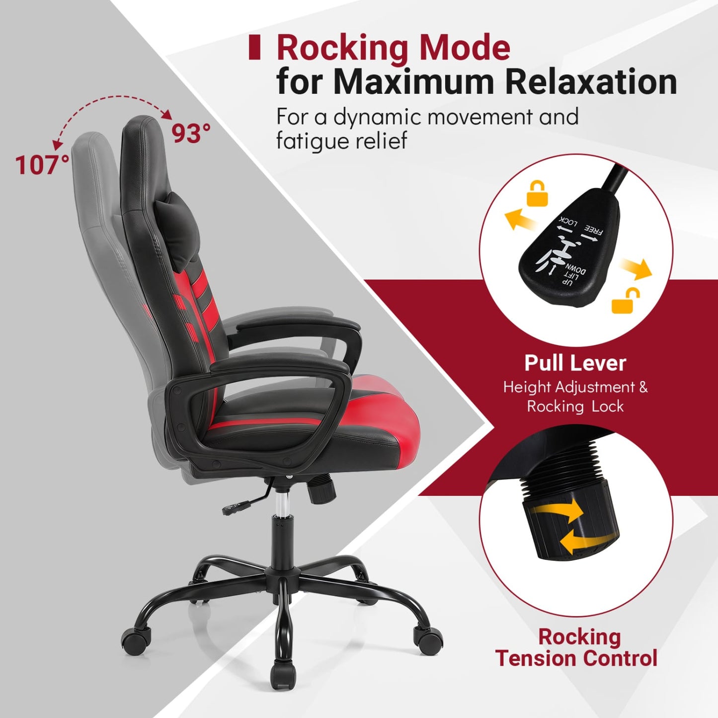 Faux Leather Office Chair, With Head Pillow, Rocking, Red