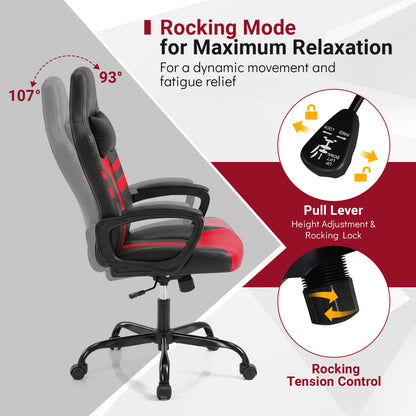 Faux Leather Office Chair, With Head Pillow, Rocking, Red