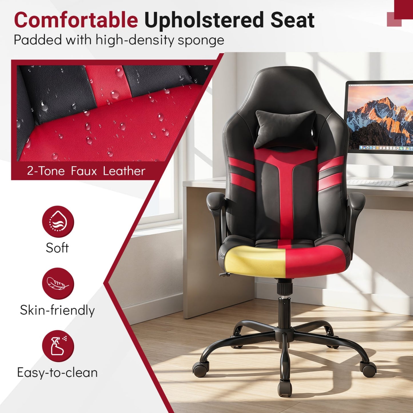 Faux Leather Office Chair, With Head Pillow, Rocking, Red