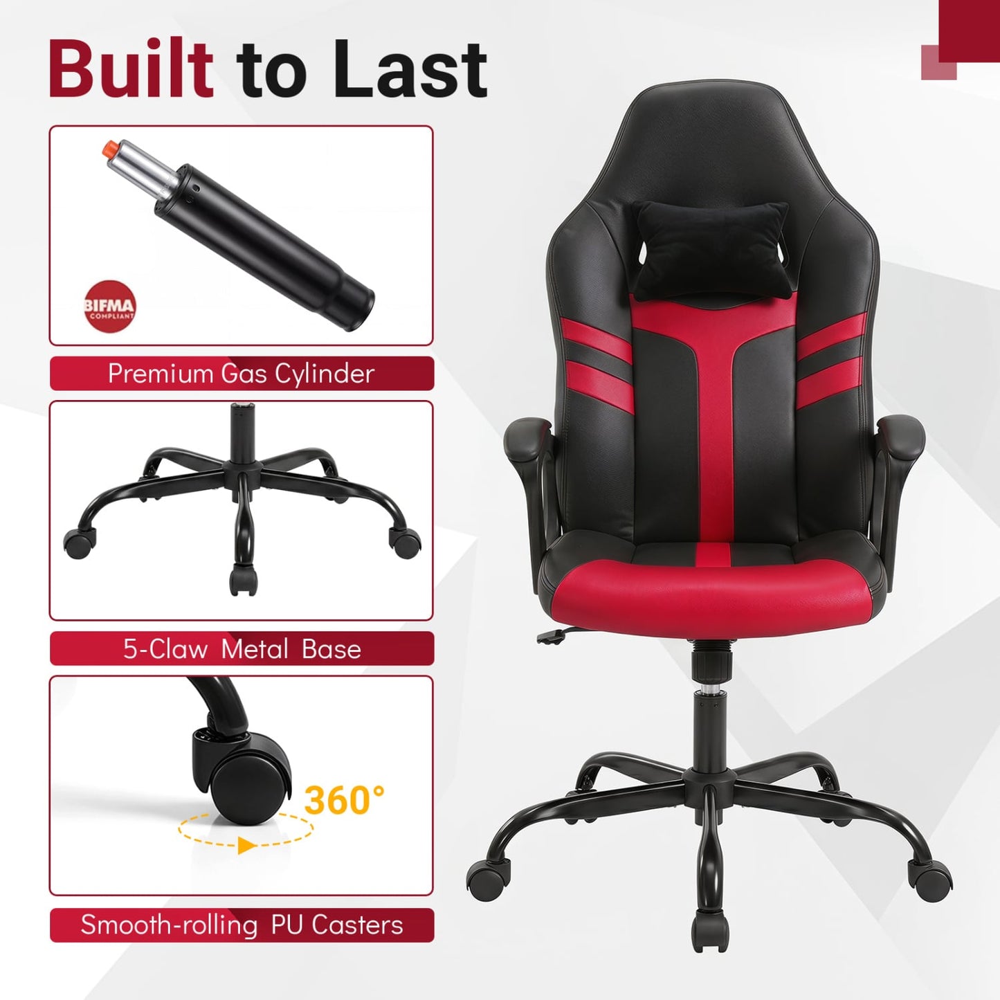 Faux Leather Office Chair, With Head Pillow, Rocking, Red