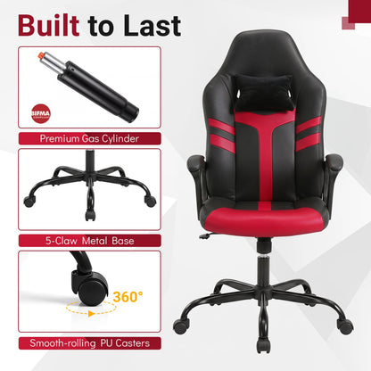 Faux Leather Office Chair, With Head Pillow, Rocking, Red