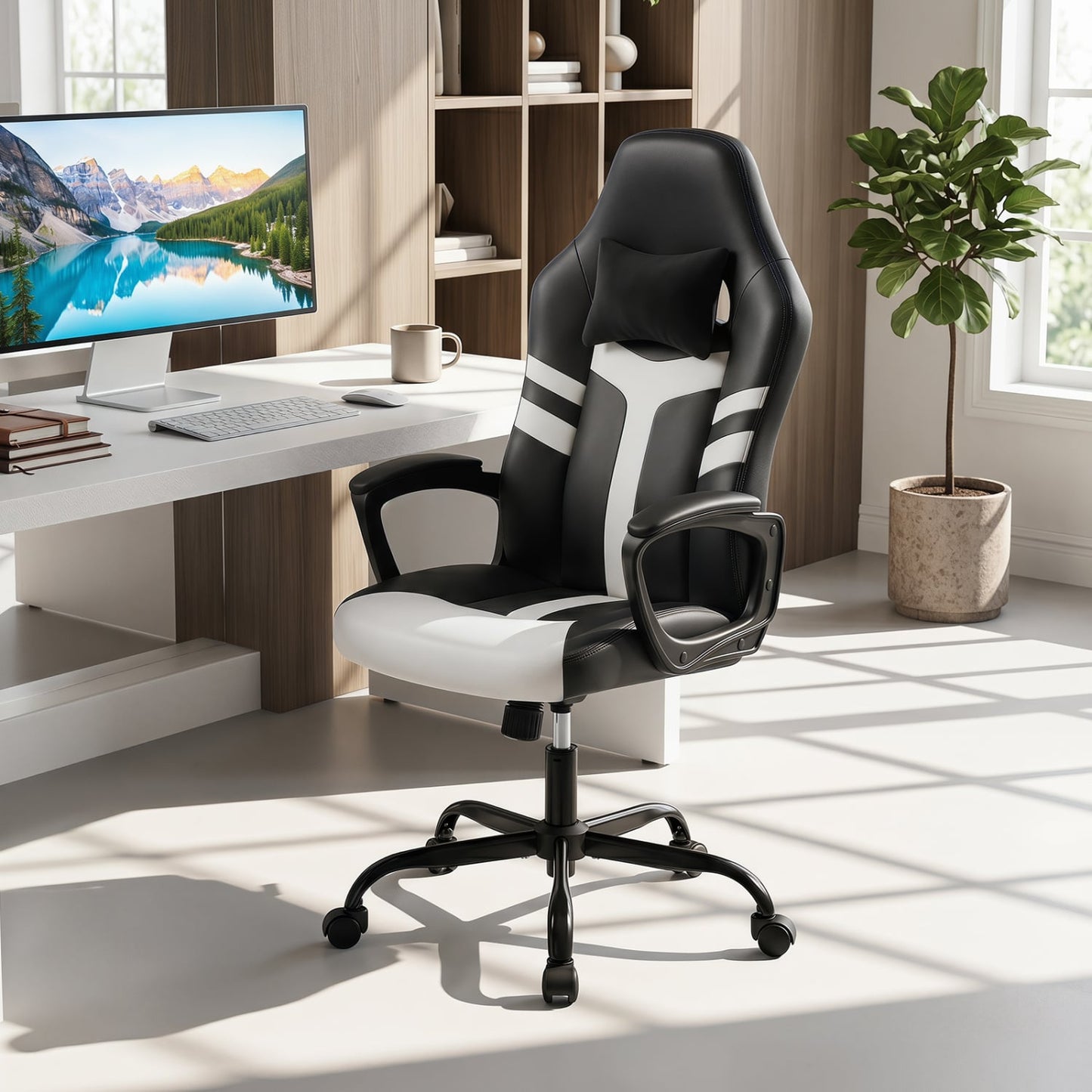 Faux Leather Office Chair with Head Pillow, Rocking, White