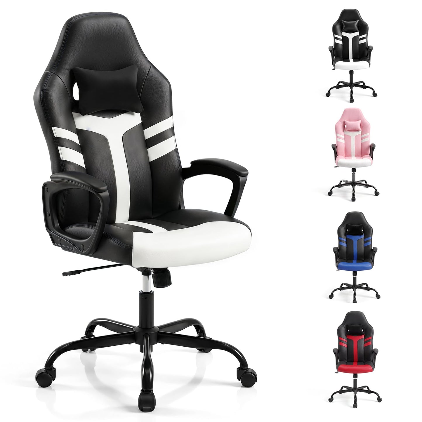 Faux Leather Office Chair with Head Pillow, Rocking, White