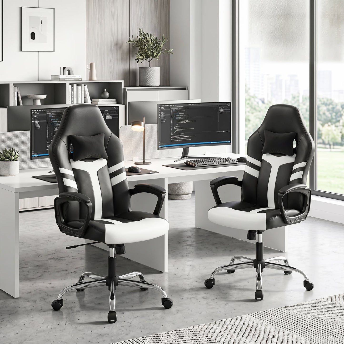 Faux Leather Office Chair with Head Pillow, Rocking, White