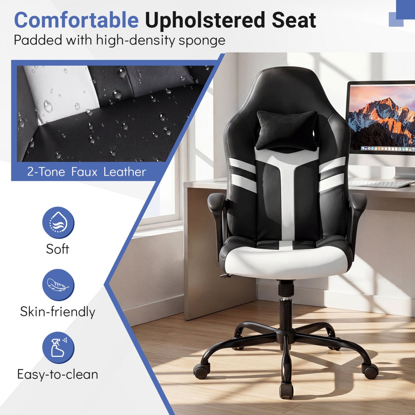 Faux Leather Office Chair with Head Pillow, Rocking, White