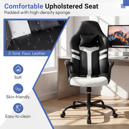 Faux Leather Office Chair with Head Pillow, Rocking, White