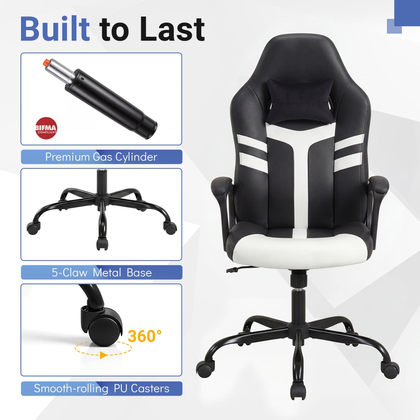 Faux Leather Office Chair with Head Pillow, Rocking, White