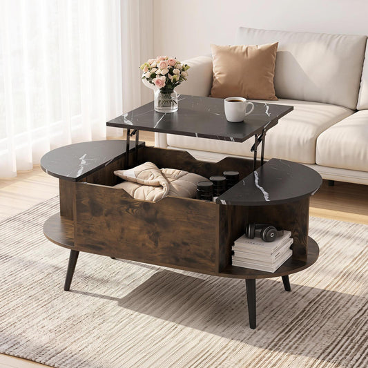 Faux Marble Lift Top Coffee Table with Hidden Compartment and Shelves, Black Coffee Tables Black at Gallery Canada