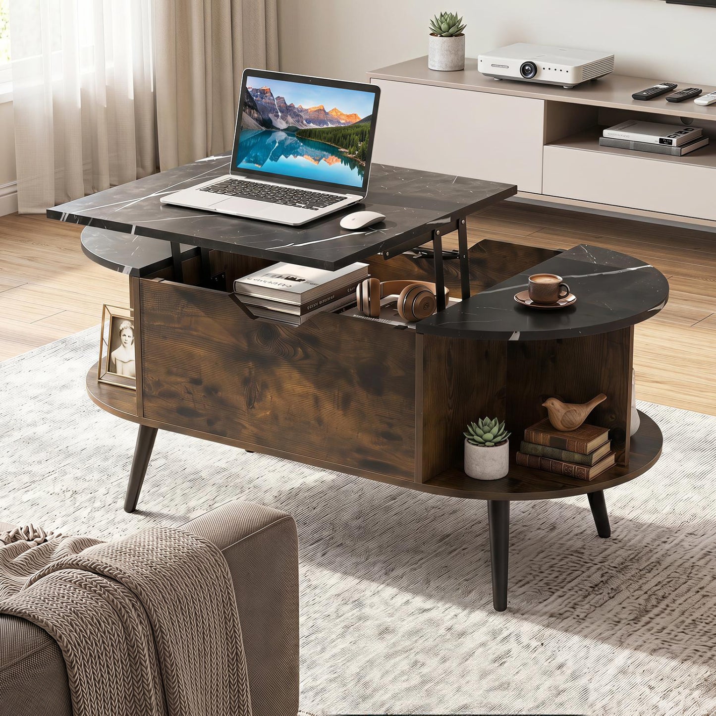 Faux Marble Lift Top Coffee Table with Hidden Compartment and Shelves, Black Coffee Tables at Gallery Canada