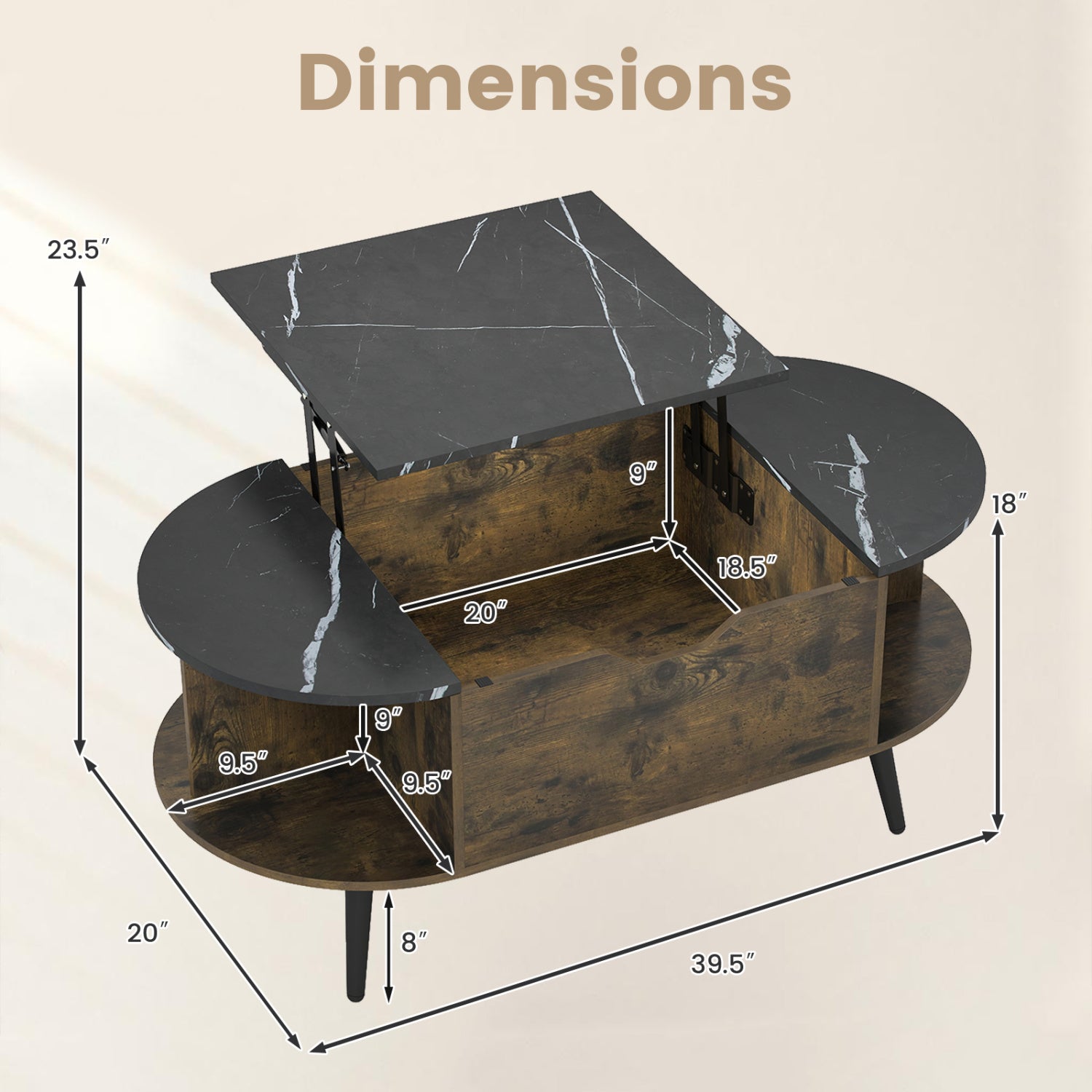 Faux Marble Lift Top Coffee Table with Hidden Compartment and Shelves, Black Coffee Tables at Gallery Canada