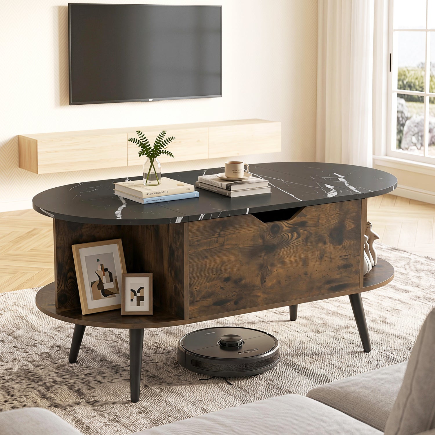 Faux Marble Lift Top Coffee Table with Hidden Compartment and Shelves, Black Coffee Tables at Gallery Canada