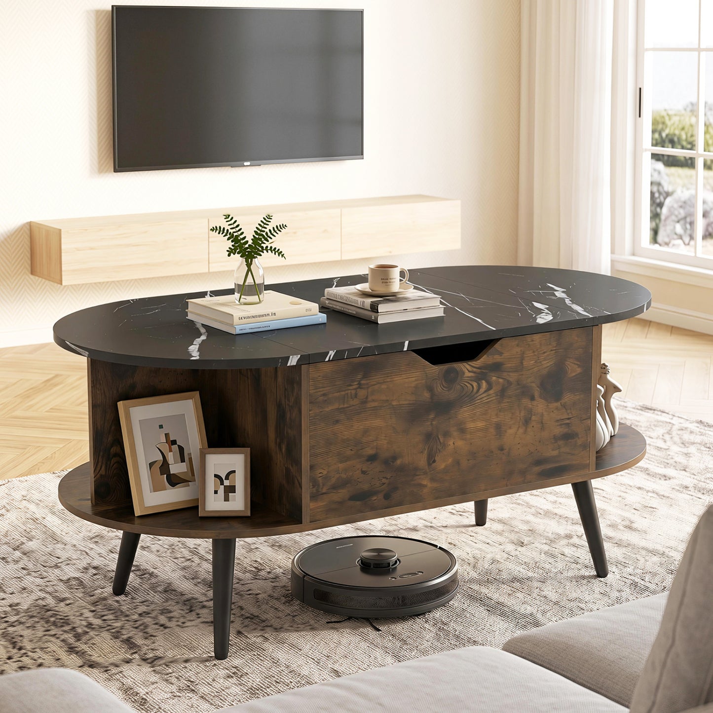 Faux Marble Lift Top Coffee Table with Hidden Compartment and Shelves, Black Coffee Tables at Gallery Canada