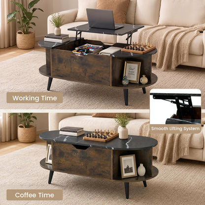Faux Marble Lift Top Coffee Table with Hidden Compartment and Shelves, Black Coffee Tables at Gallery Canada