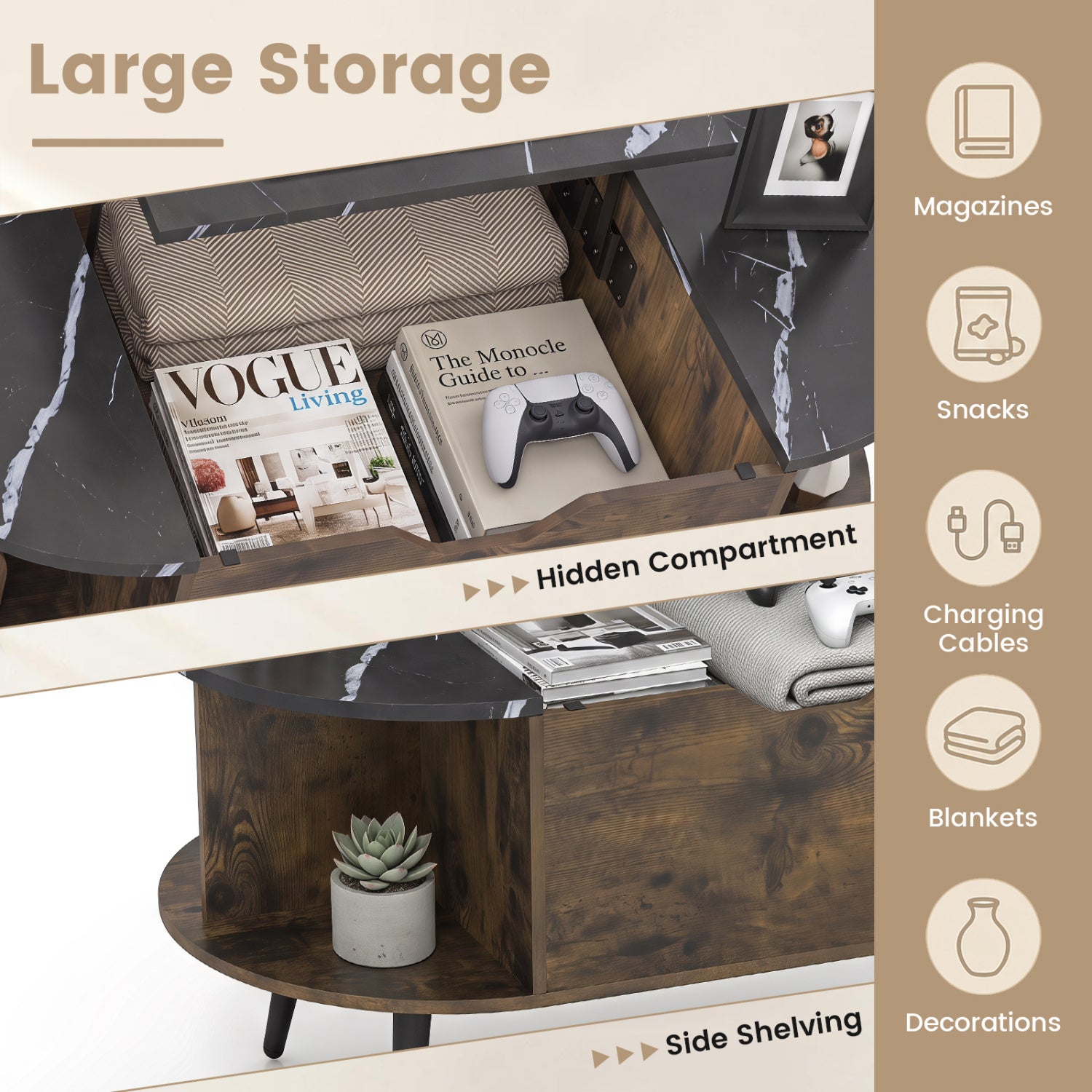 Faux Marble Lift Top Coffee Table with Hidden Compartment and Shelves, Black Coffee Tables at Gallery Canada