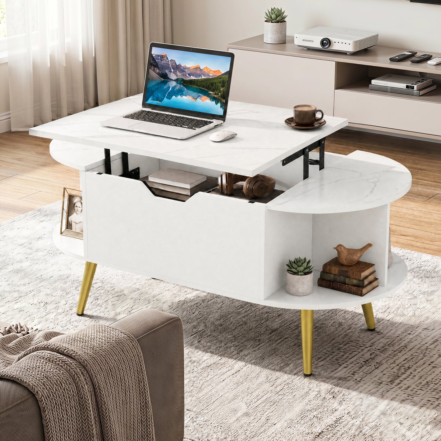 Faux Marble Lift Top Coffee Table with Hidden Compartment and Shelves, White Coffee Tables at Gallery Canada