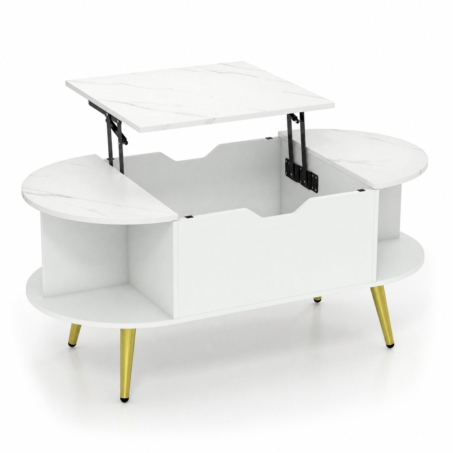 Faux Marble Lift Top Coffee Table with Hidden Compartment and Shelves, White Coffee Tables White at Gallery Canada
