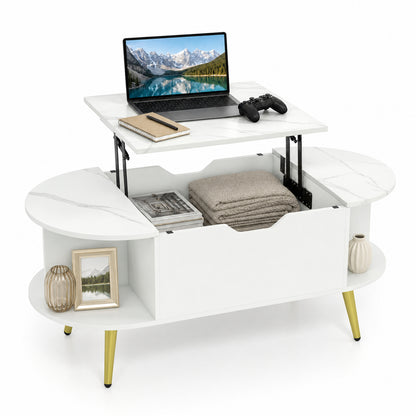 Faux Marble Lift Top Coffee Table with Hidden Compartment and Shelves, White Coffee Tables at Gallery Canada