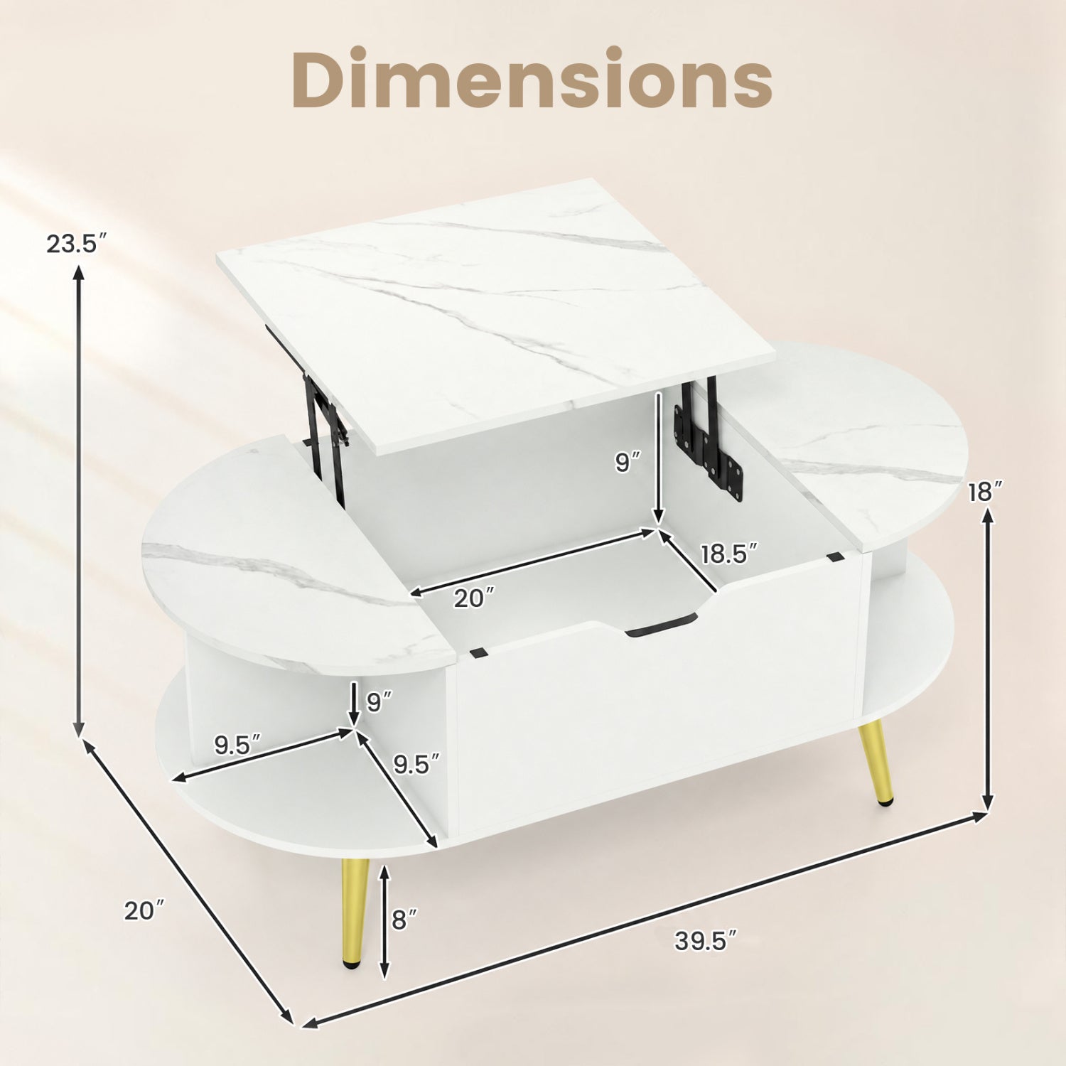Faux Marble Lift Top Coffee Table with Hidden Compartment and Shelves, White Coffee Tables at Gallery Canada